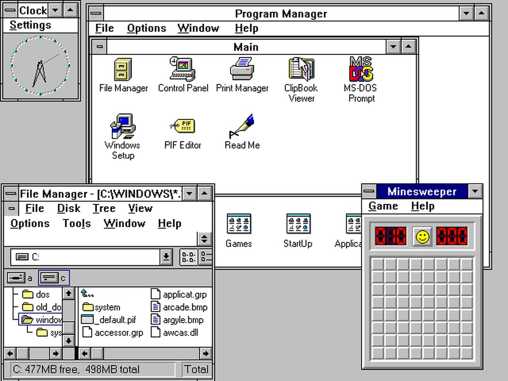 Windows 3.0 (العام 1990) - قدم الإصدار 3.0 من ويندوز واجهة محسنة بالإضافة إلى مدير البرامج والملفات، ولعبة Minesweeper.