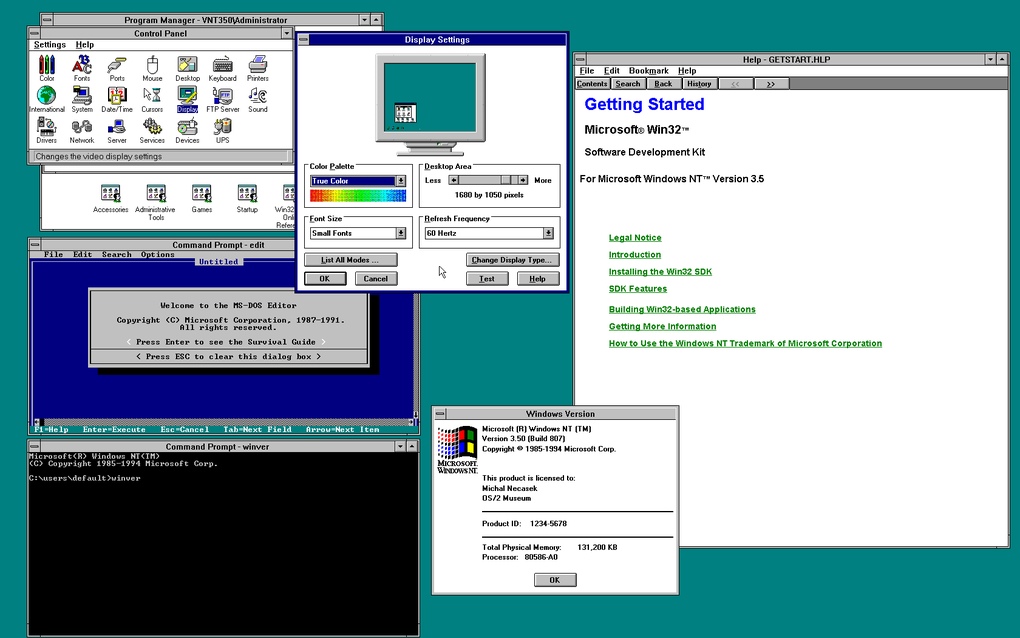 Windows NT 3.5 (العام 1994) - ويندوز NT 3.5 هو الإصدار الثاني من NT .. حيث كان نقطة تحول مايكروسوفت نحو قطاع الأعمال، بتقديم مزايا أفضل في الأمان ومشاركة الملفات.